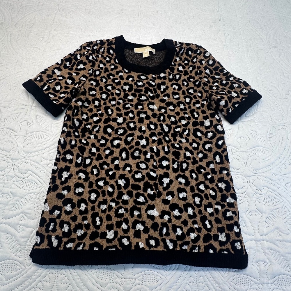 Michael Kors Womens XS Leopard Print Short Sleeve Knit Sweater Top Brown Black